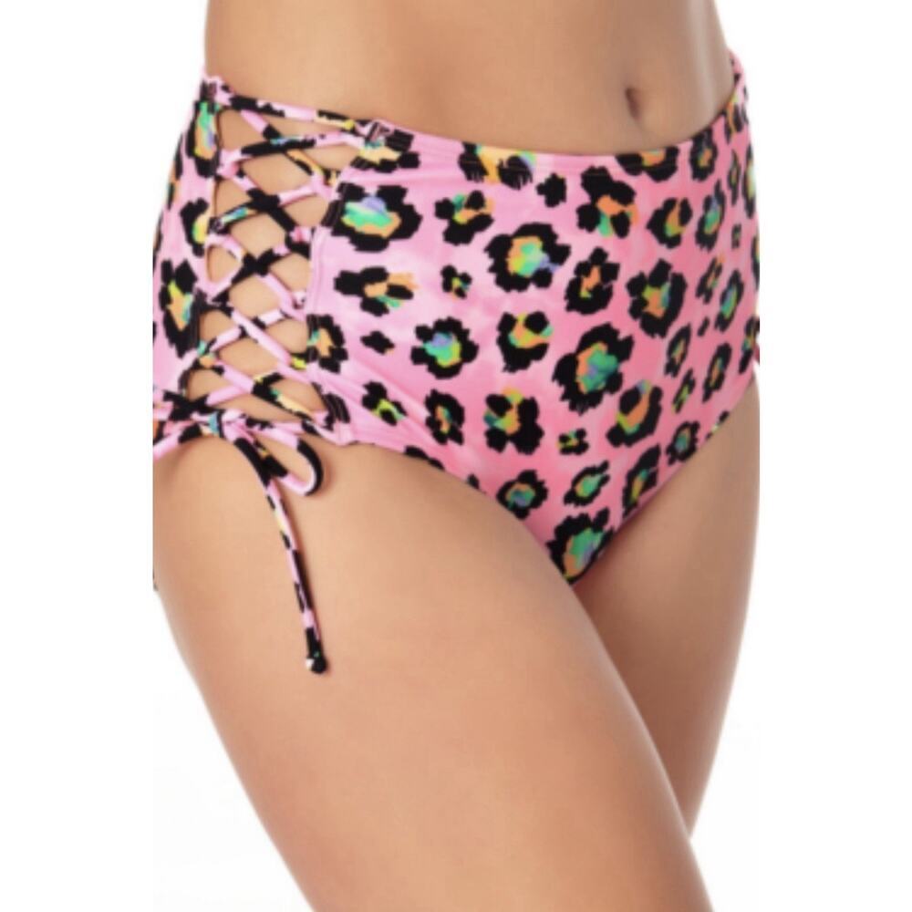 California Waves Side-Lace High Waist Bikini Bottoms Pink Size Large New